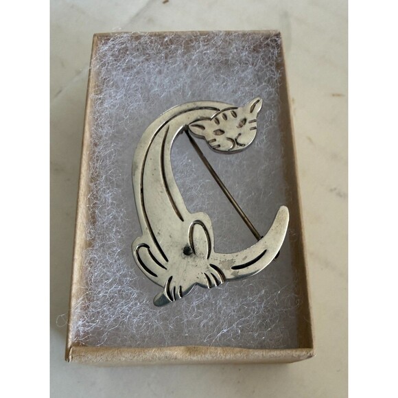 Rare Vintage Mexico Artisan Signed Sterling Silver Letter C Cat Brooch - Picture 2 of 3